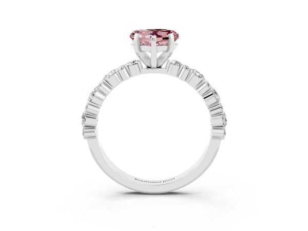 Silver Heart Cut Morganite Side Stone Solitaire Ring with Round  and Four-Prong Setting