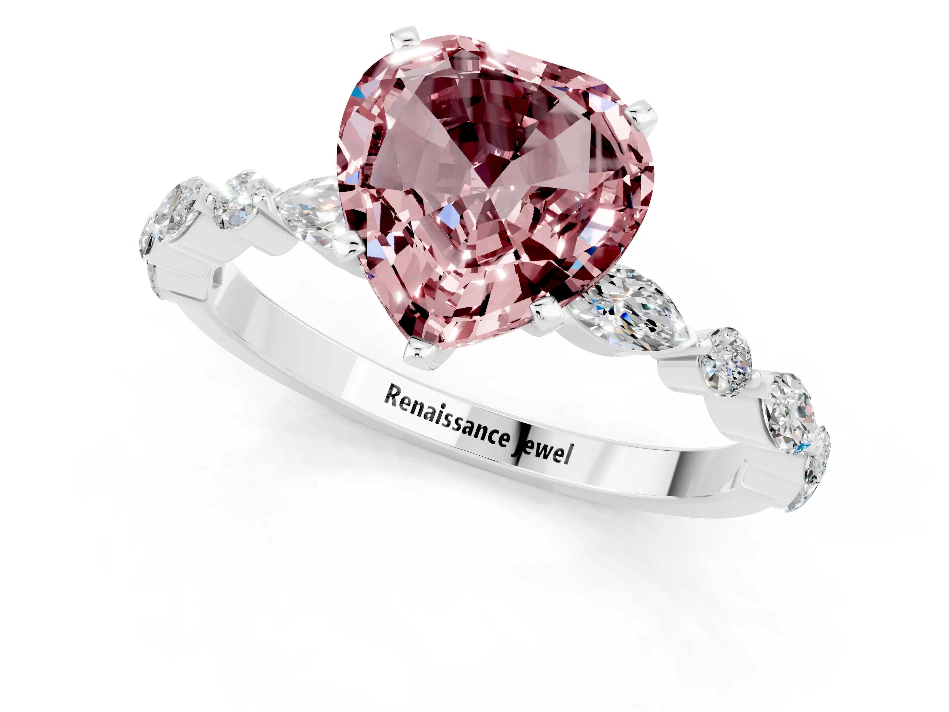 White gold Heart Cut Morganite Solitaire with Side Stones on a Pavé Band and Four-Prong Setting_1