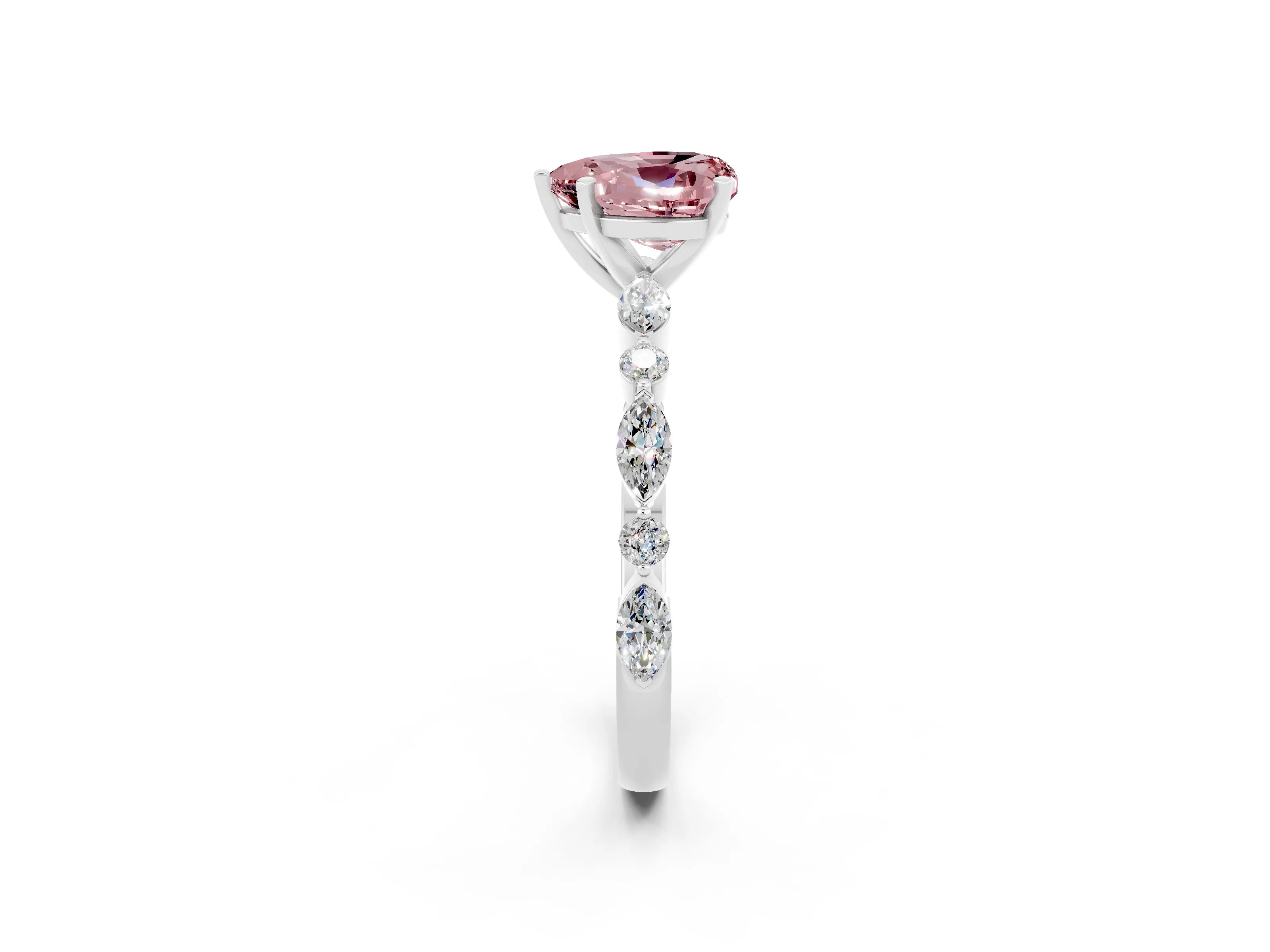 White gold Heart Cut Morganite Solitaire with Side Stones on a Pavé Band and Four-Prong Setting_2
