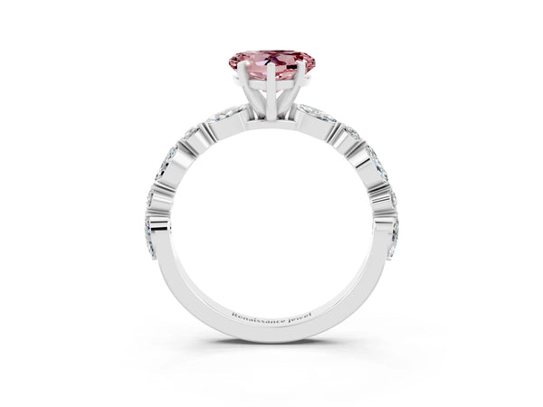 White gold Heart Cut Morganite Ring with Marquise and Round  Side Stones and Four-Prong Setting