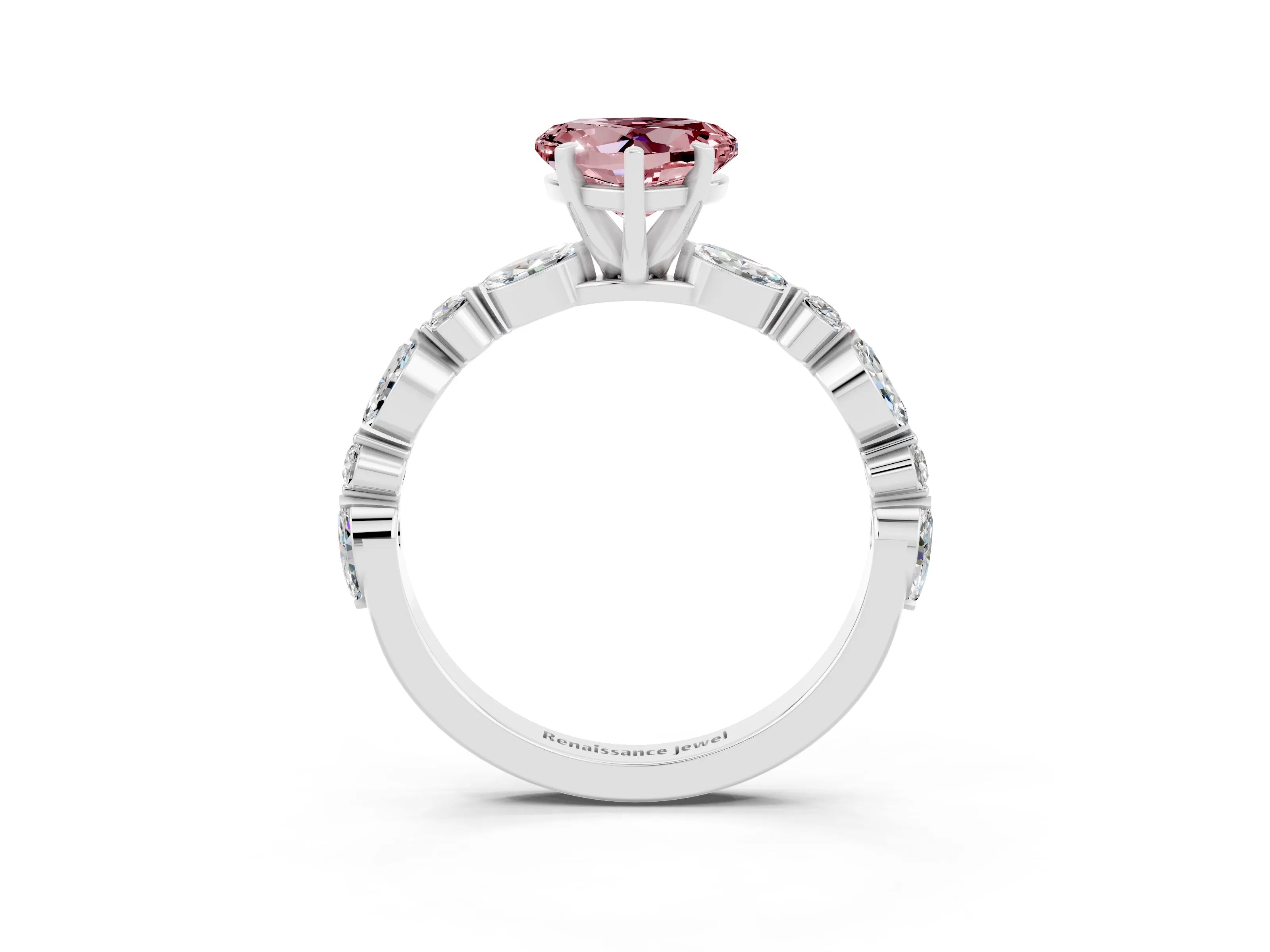 White gold Heart Cut Morganite Solitaire with Side Stones on a Pavé Band and Four-Prong Setting_3