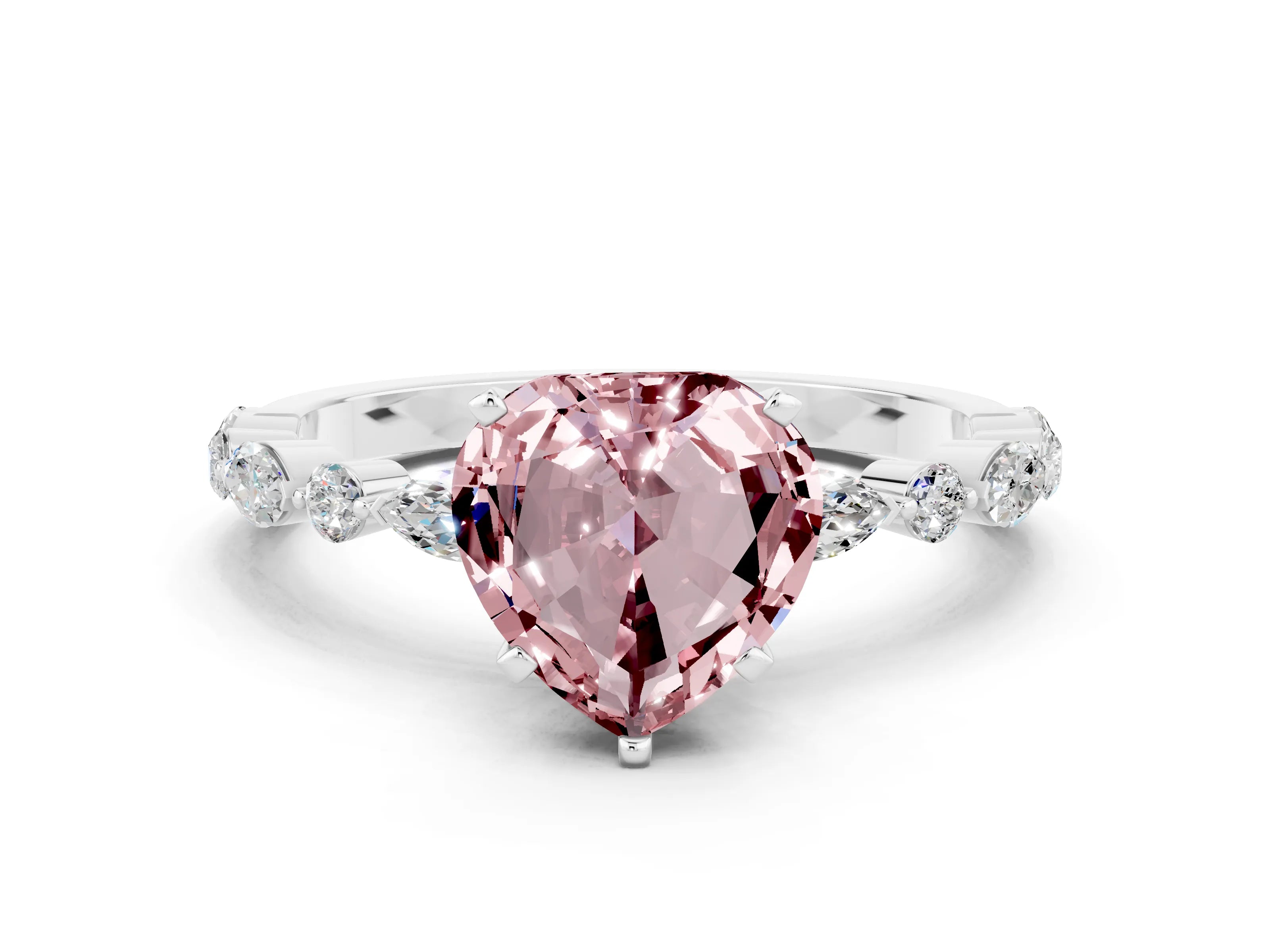 White gold Heart Cut Morganite Solitaire with Side Stones on a Pavé Band and Four-Prong Setting