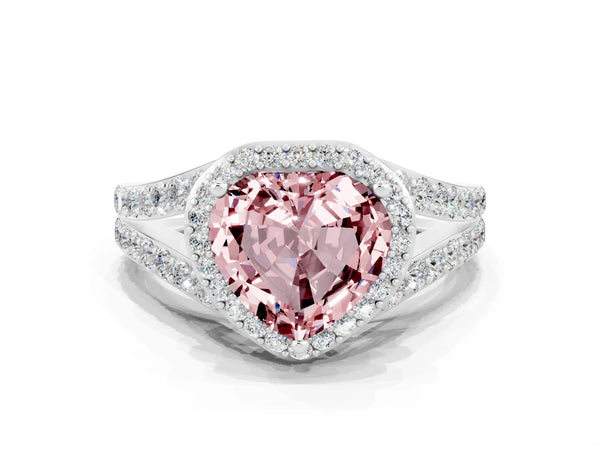 Silver Heart Cut Morganite Split Shank Halo Ring with Four-Prong Setting