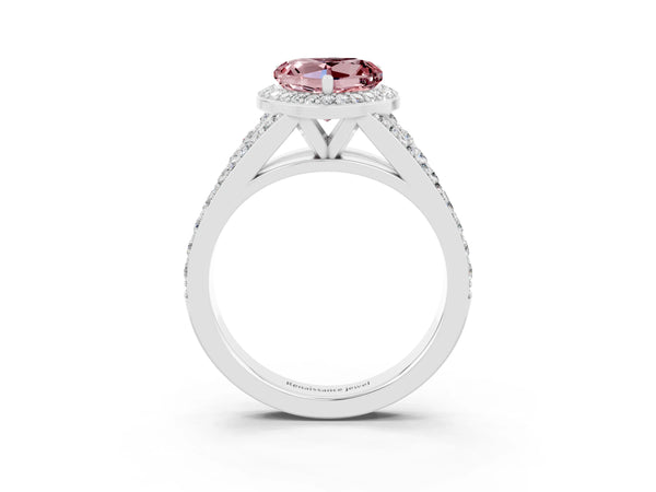 Platinum Heart Cut Morganite Split Shank Halo Ring with Four-Prong Setting