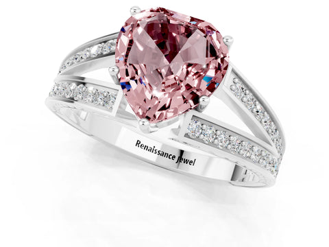 White gold Heart Cut Morganite Split Shank Ring with Pavé Band and Four-Prong Setting_1