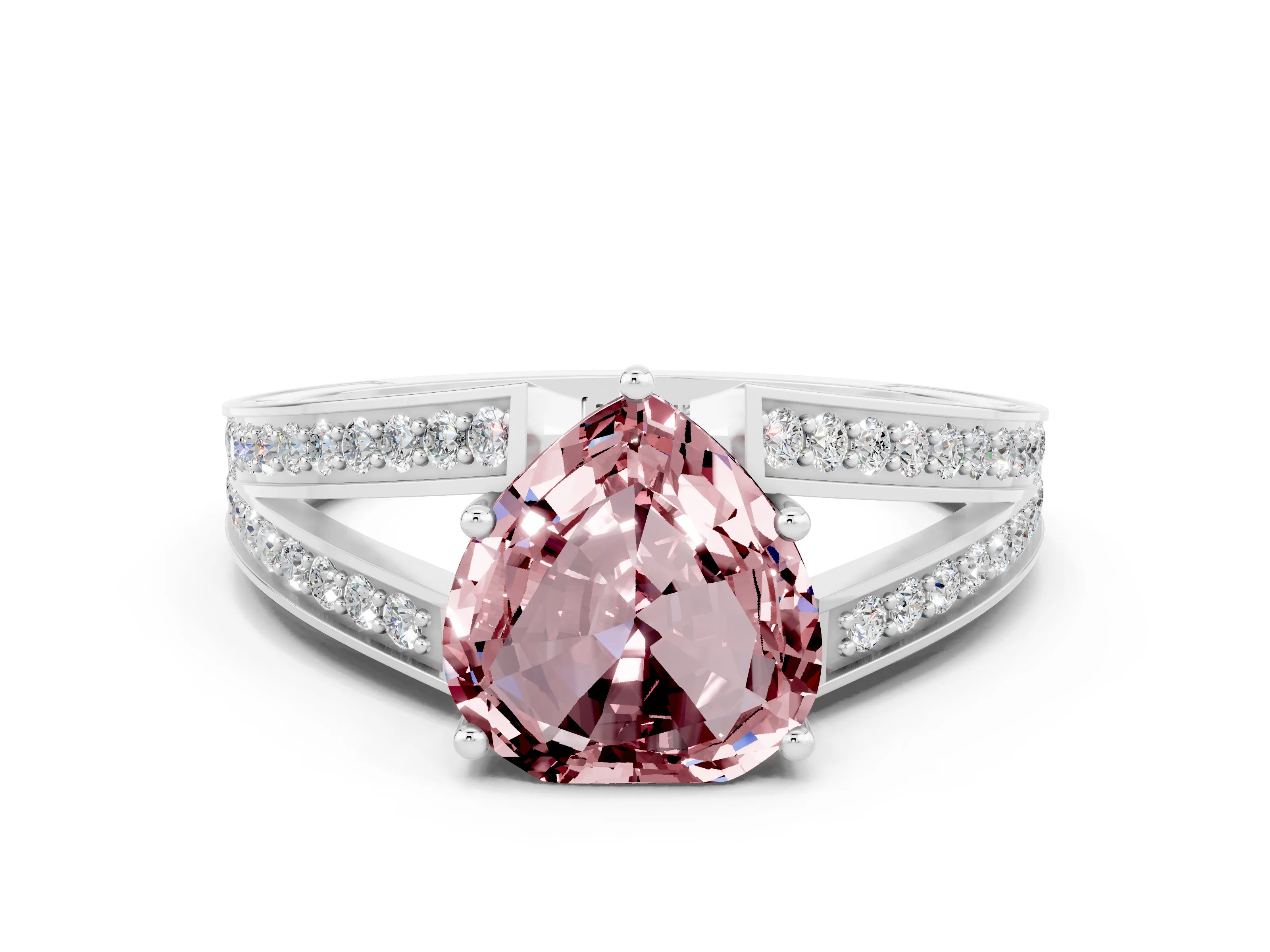 White gold Heart Cut Morganite Split Shank Ring with Pavé Band and Four-Prong Setting