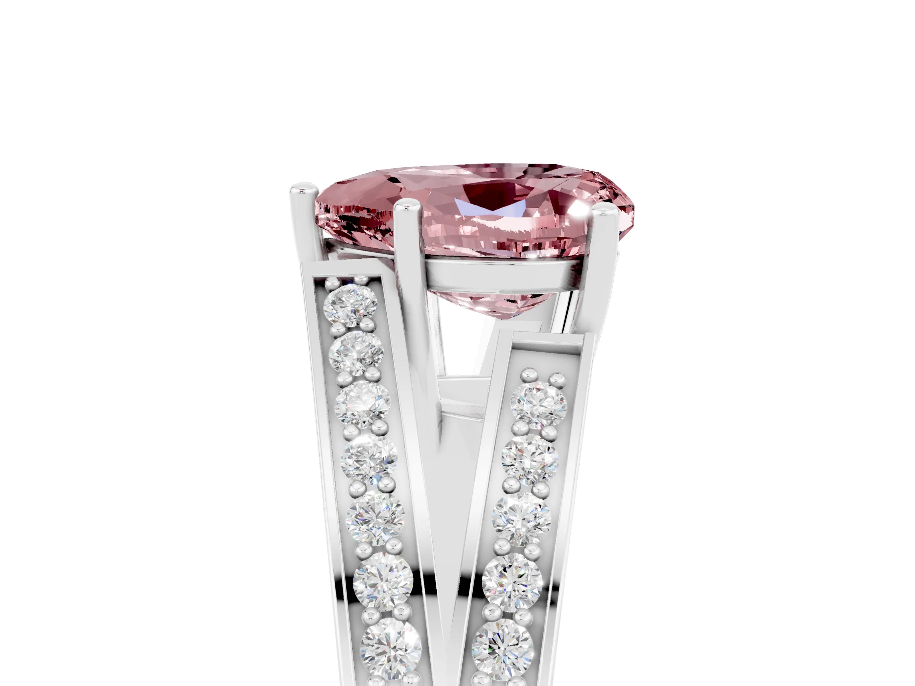 White gold Heart Cut Morganite Split Shank Ring with Pavé Band and Four-Prong Setting_5