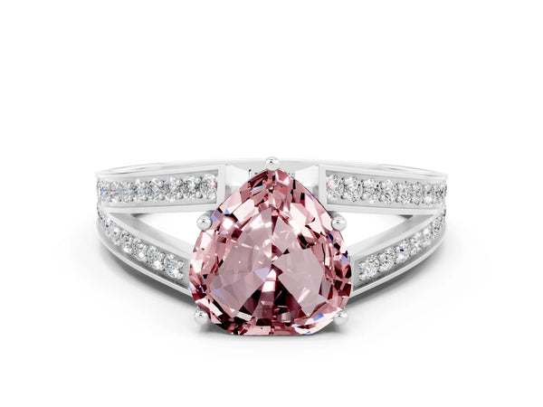 Silver Heart Cut Morganite Split Shank Ring with Pavé Band and Four-Prong Setting