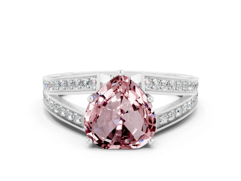 White gold Heart Cut Morganite Split Shank Ring with Pavé Band and Four-Prong Setting
