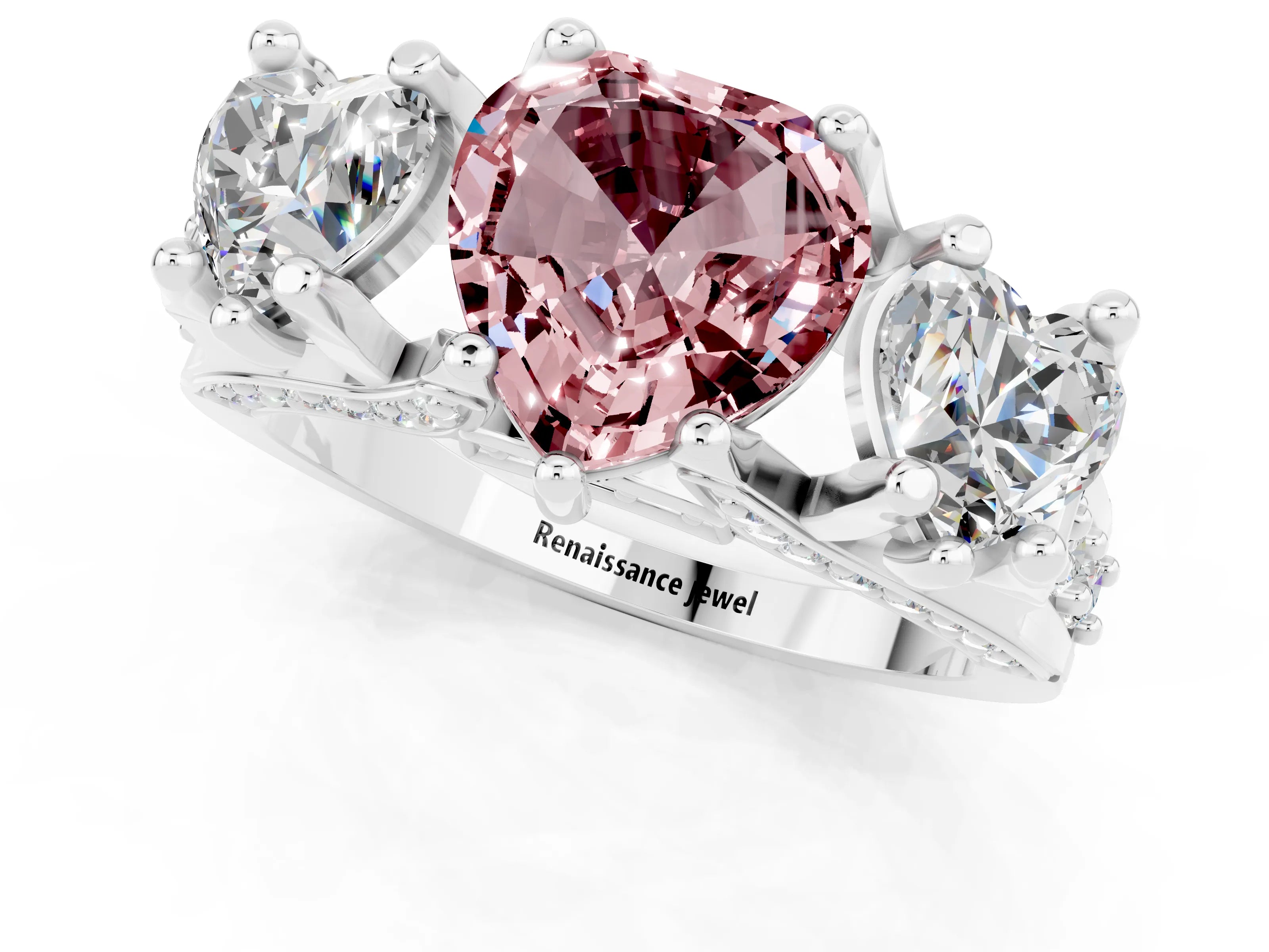 White gold Heart Cut Morganite Three-Stone Ring with Channel Set Band and Four-Prong Setting_1