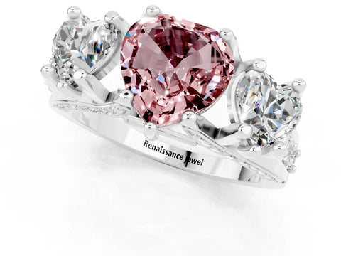 White gold Heart Cut Morganite Three-Stone Ring with Channel Set Band and Four-Prong Setting_1