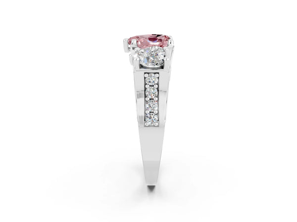 Platinum Heart Cut Morganite Three-Stone Ring with Channel Set Band and Four-Prong Setting