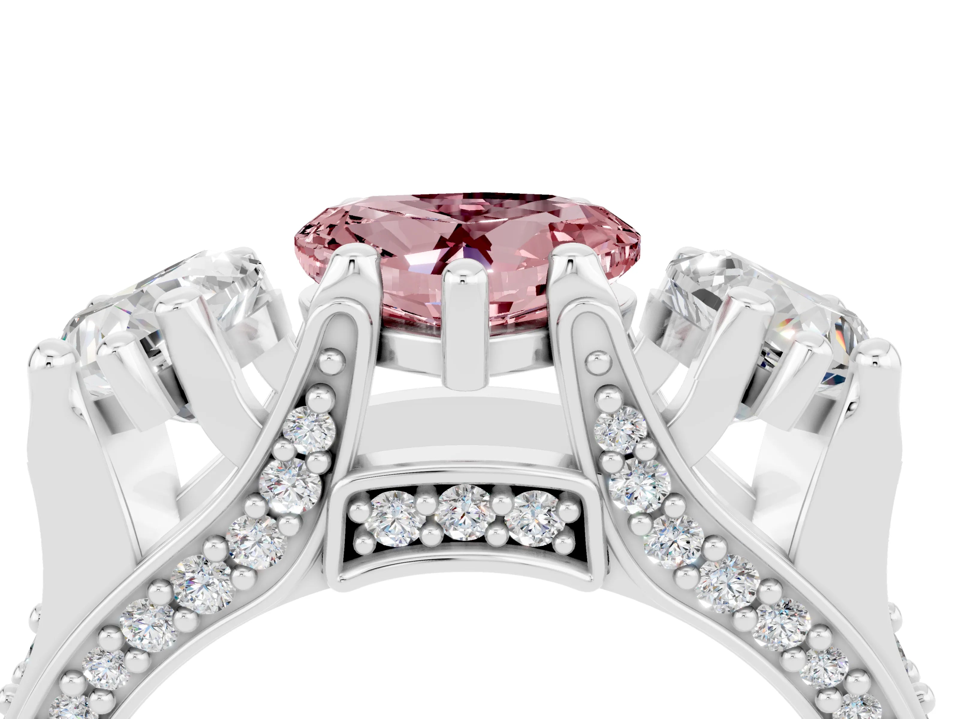 White gold Heart Cut Morganite Three-Stone Ring with Channel Set Band and Four-Prong Setting_4