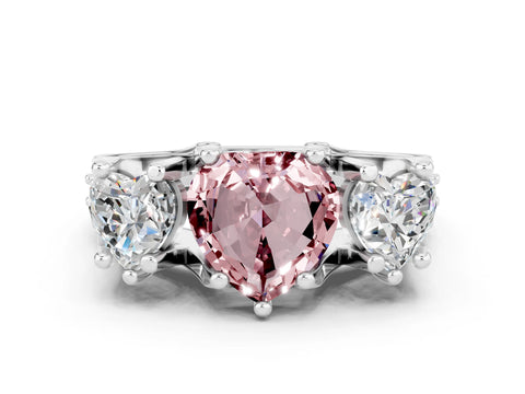 White gold Heart Cut Morganite Three-Stone Ring with Channel Set Band and Four-Prong Setting