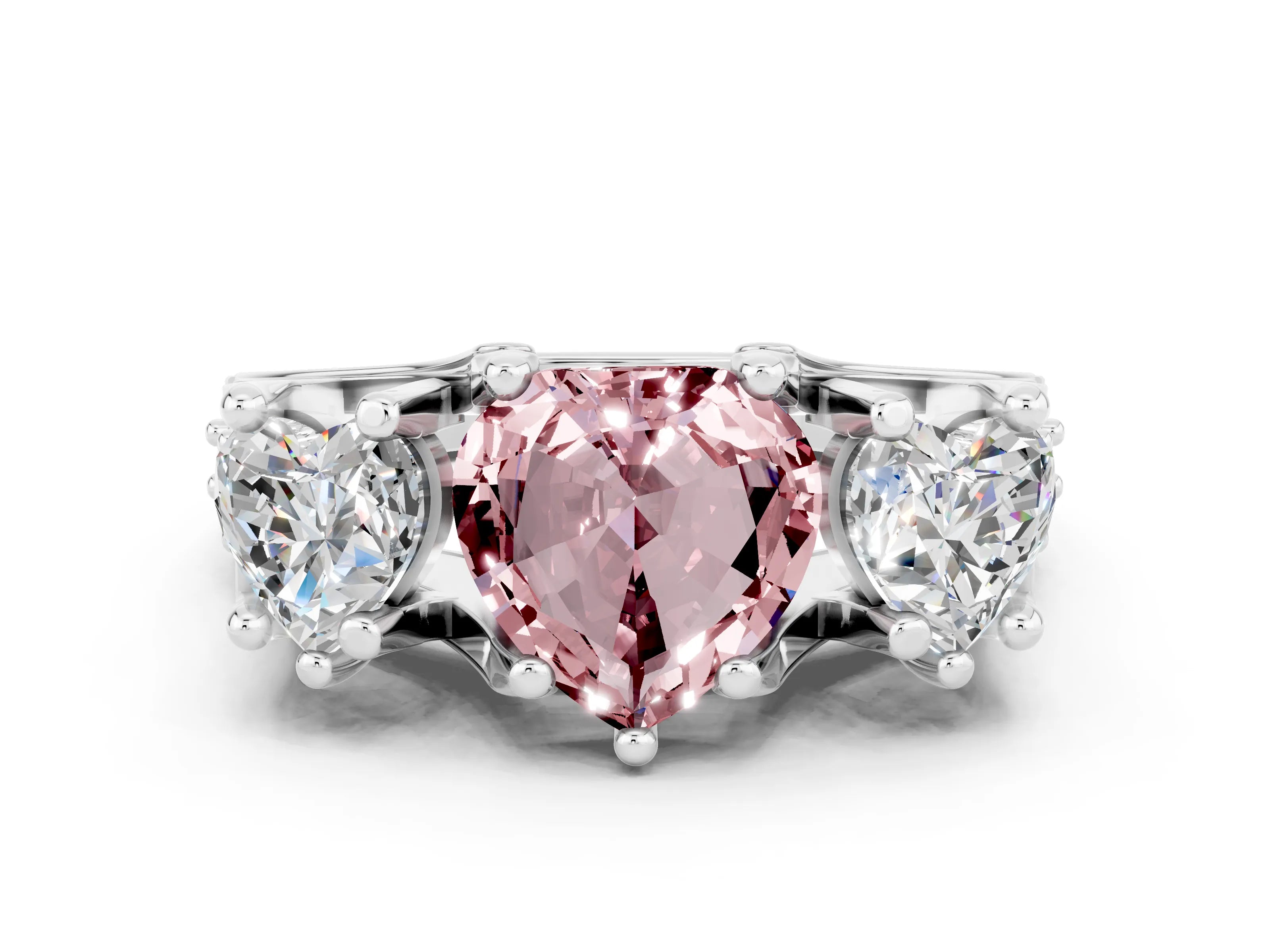 White gold Heart Cut Morganite Three-Stone Ring with Channel Set Band and Four-Prong Setting