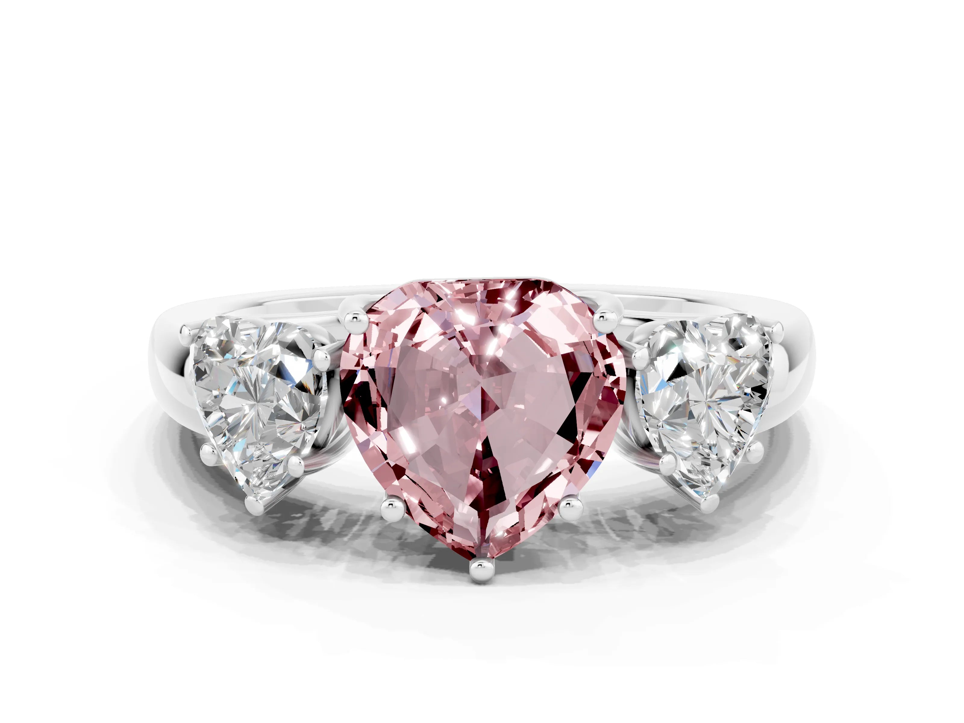 White gold Heart Cut Morganite Three-Stone Ring with Four-Prong Setting and Classic Band