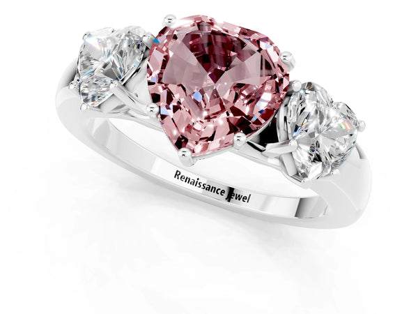 Platinum Heart Cut Morganite Three-Stone Ring with Four-Prong Setting and Classic Band