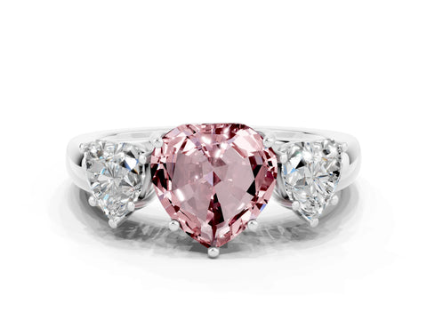 White gold Heart Cut Morganite Three-Stone Ring with Four-Prong Setting and Classic Band