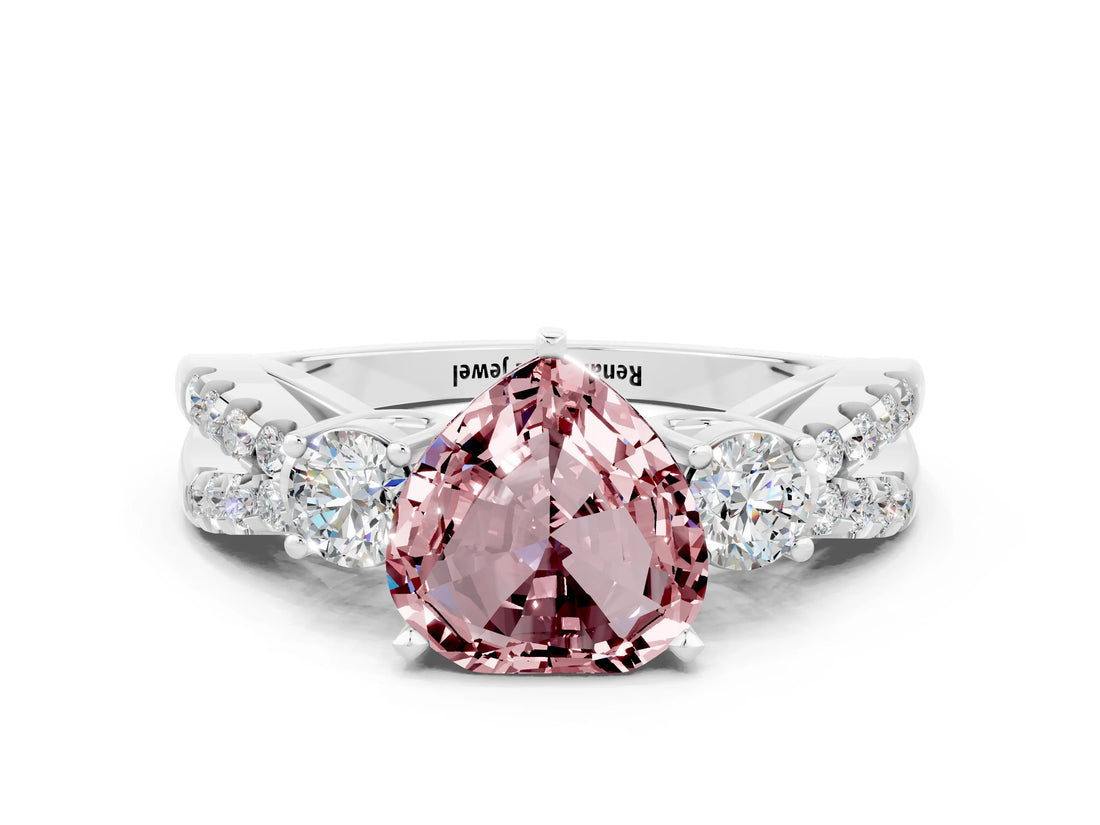 White gold Heart Cut Morganite Three-Stone Ring with Pavé Split Shank and Four-Prong Setting_24