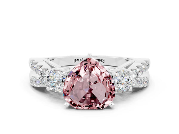 Silver Heart Cut Morganite Three-Stone Ring with Pavé Split Shank and Four-Prong Setting
