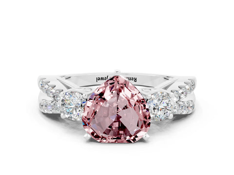 White gold Heart Cut Morganite Three-Stone Ring with Pavé Split Shank and Four-Prong Setting_24
