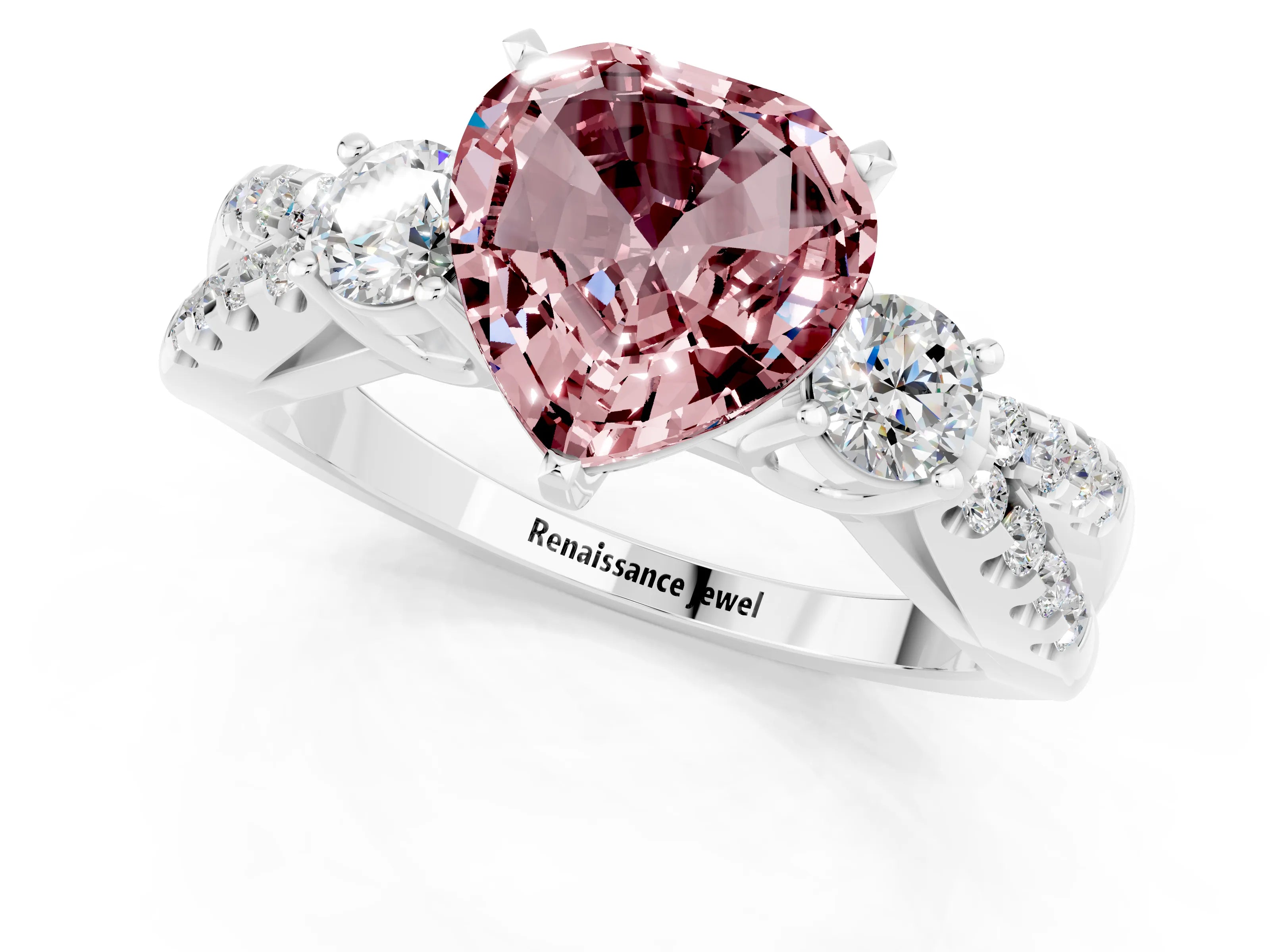 White gold Heart Cut Morganite Three-Stone Ring with Pavé Split Shank and Four-Prong Setting_25