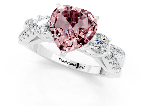 Silver Heart Cut Morganite Three-Stone Ring with Pavé Split Shank and Four-Prong Setting