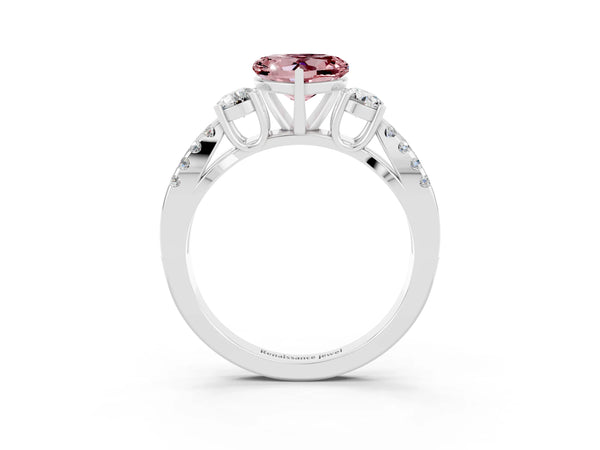Silver Heart Cut Morganite Three-Stone Ring with Pavé Split Shank and Four-Prong Setting