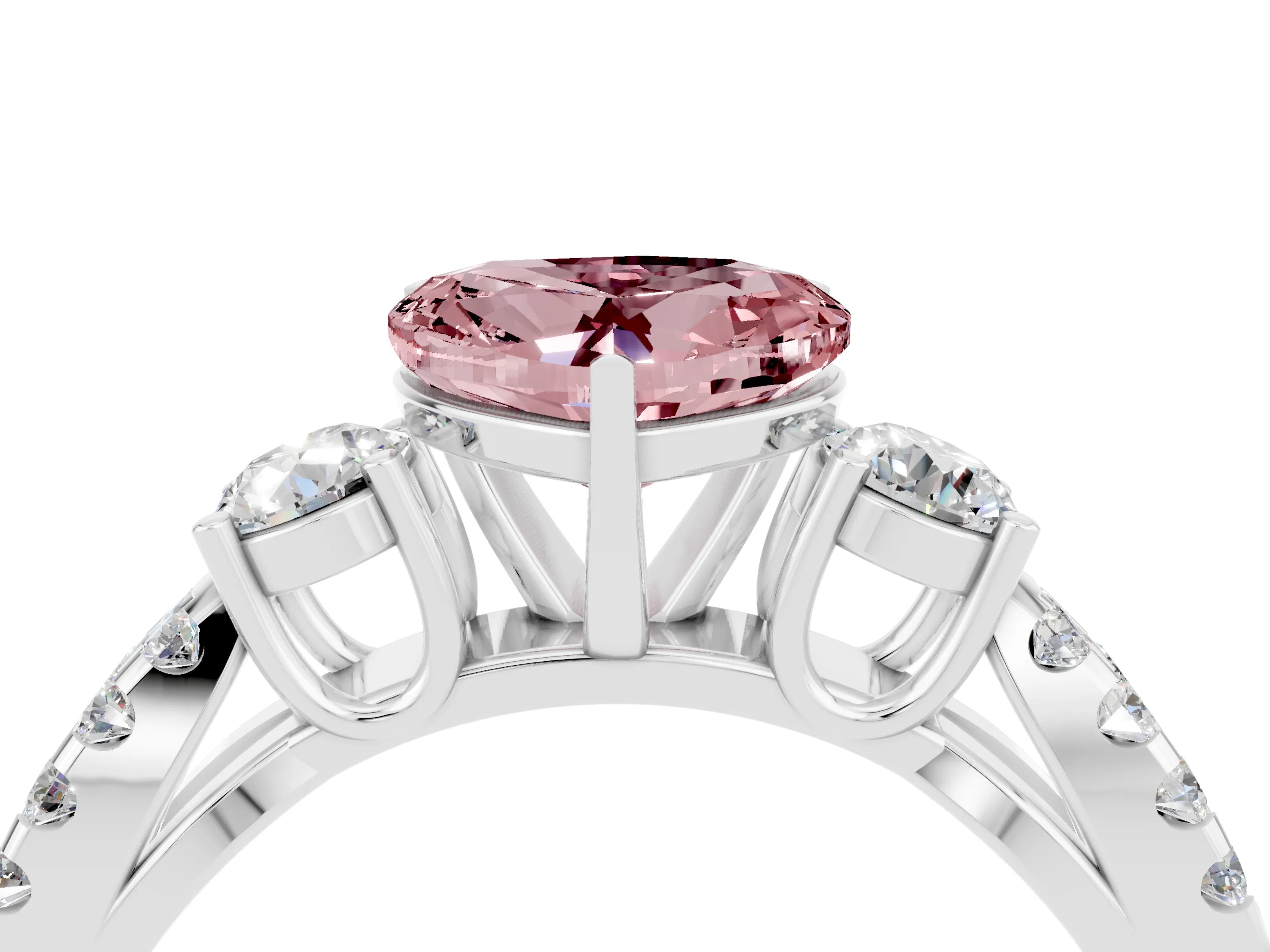 White gold Heart Cut Morganite Three-Stone Ring with Pavé Split Shank and Four-Prong Setting_28