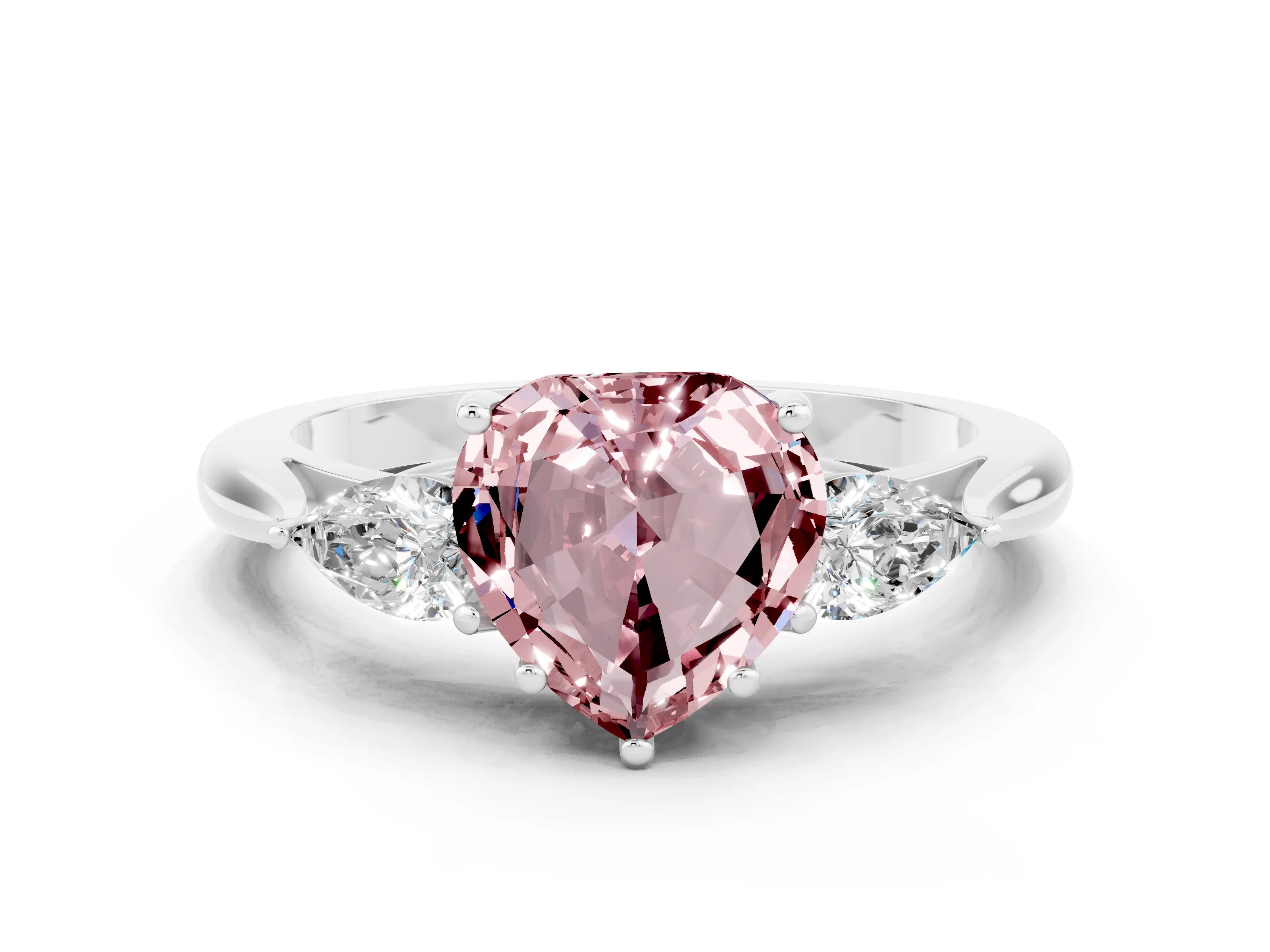 White gold Heart Cut Morganite Three-Stone Ring with Pear Side Stones and Four-Prong Setting_12