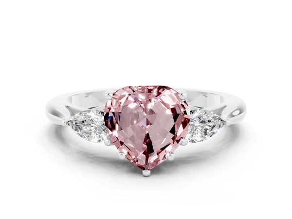 Platinum Heart Cut Morganite Three-Stone Ring with Pear  Side Stones and Prong Setting