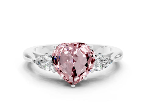 White gold Heart Cut Morganite Three-Stone Ring with Pear Side Stones and Four-Prong Setting_12