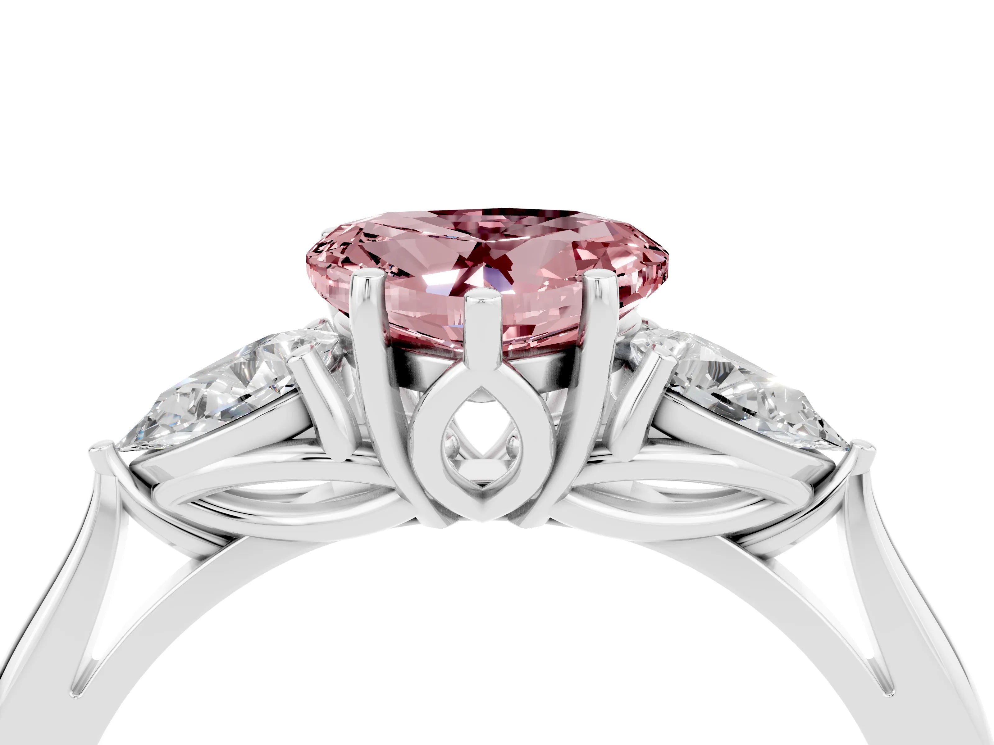White gold Heart Cut Morganite Three-Stone Ring with Pear Side Stones and Four-Prong Setting_16