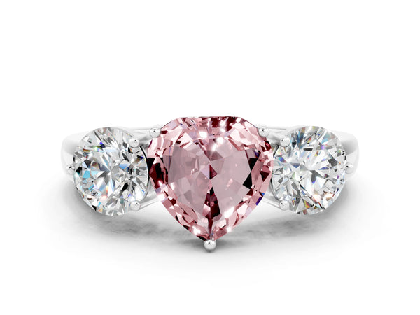 Platinum Heart Cut Morganite Three-Stone Ring with Prong Setting and Classic Band