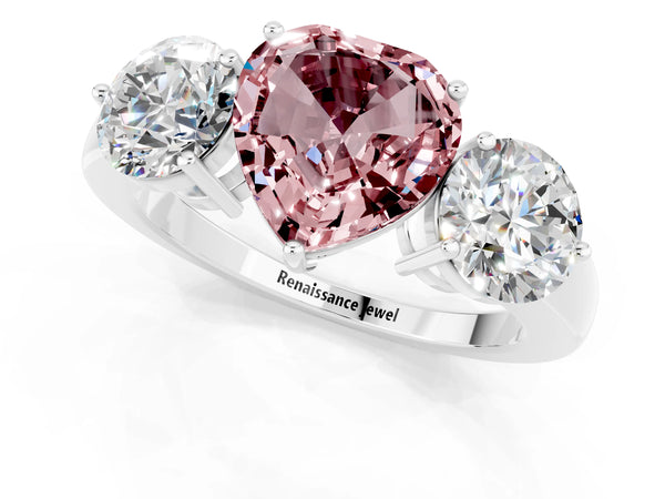 Silver Heart Cut Morganite Three-Stone Ring with Prong Setting and Classic Band
