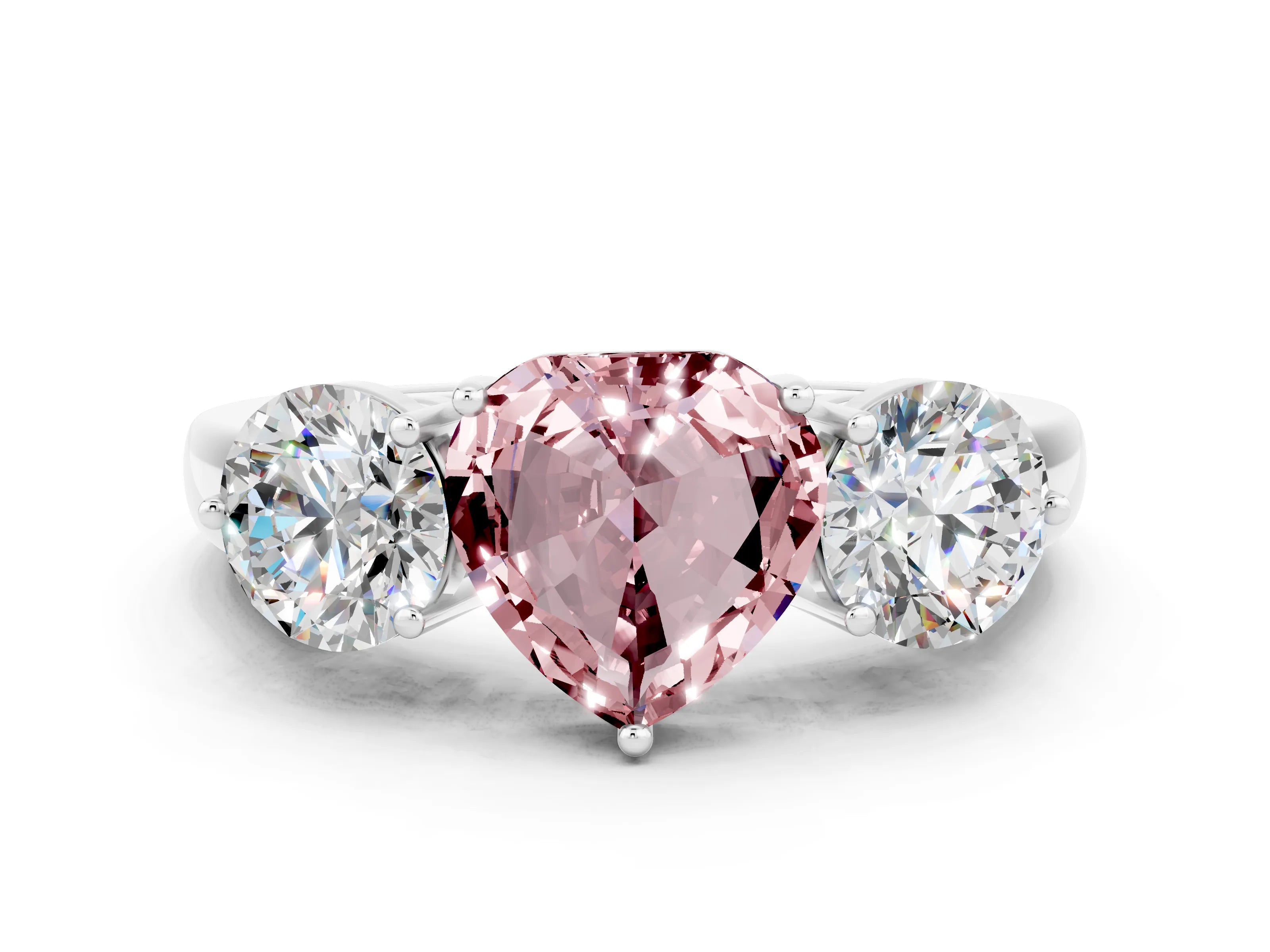 White gold Heart Cut Morganite Three-Stone Ring with Prong Setting and Classic Band