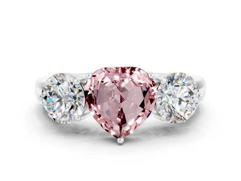 White gold Heart Cut Morganite Three-Stone Ring with Prong Setting and Classic Band