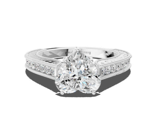 Platinum Heart-Shaped Vintage Solitaire Engagement Ring Setting with Engraved Milgrain Pave Band
