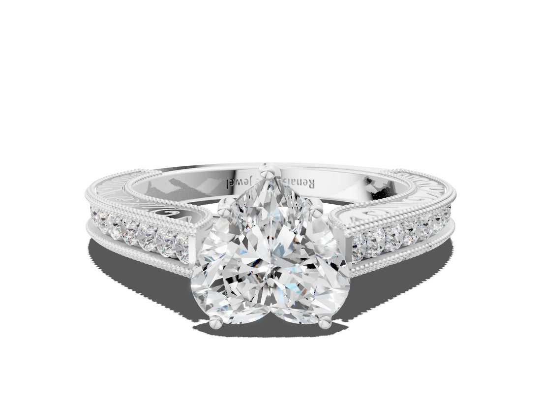 White gold Heart Cut Pave Band Milgrain Solitaire Ring_6