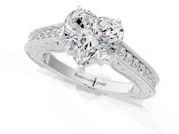Platinum Heart-Shaped Vintage Solitaire Engagement Ring Setting with Engraved Milgrain Pave Band