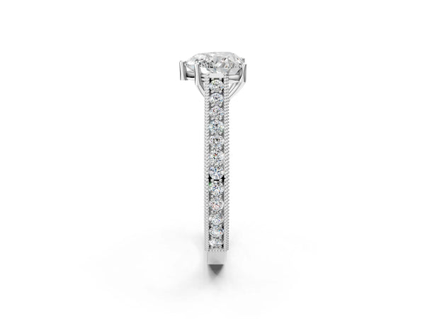 Platinum Heart-Shaped Vintage Solitaire Engagement Ring Setting with Engraved Milgrain Pave Band