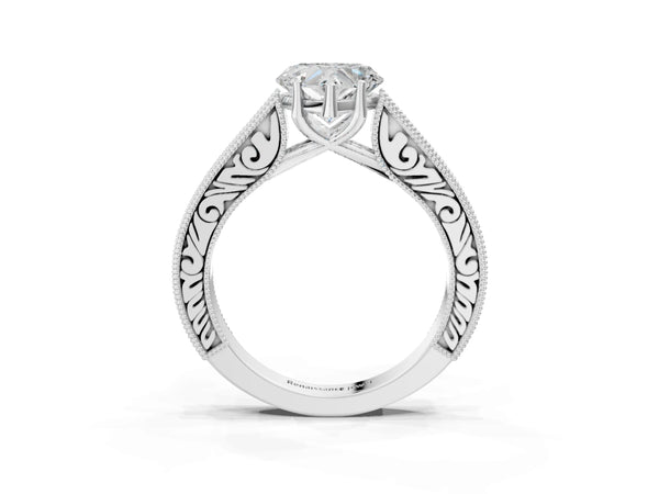 Platinum Heart-Shaped Vintage Solitaire Engagement Ring Setting with Engraved Milgrain Pave Band