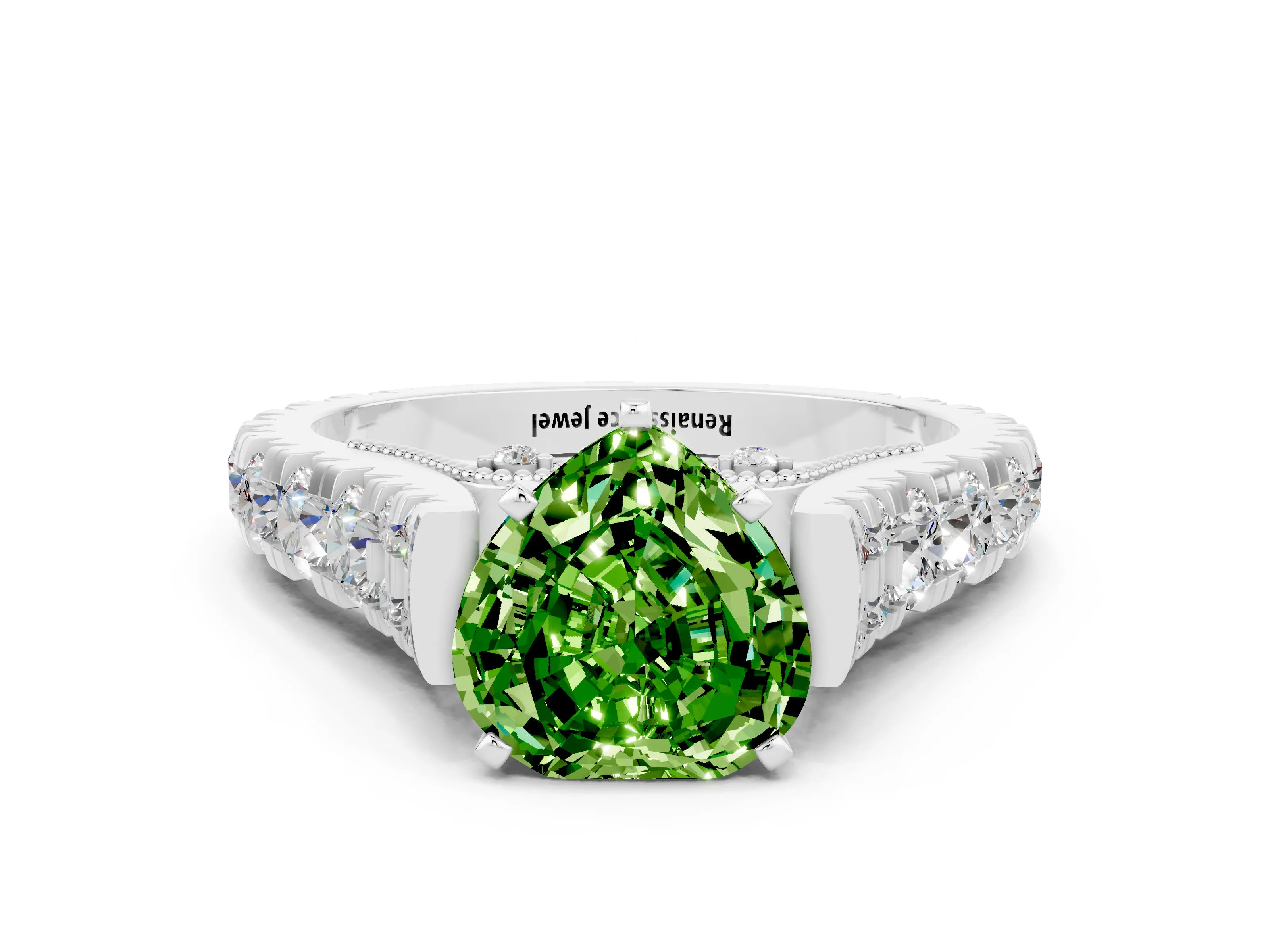 White gold Heart Cut Peridot Classic Solitaire Ring with Pavé Band and Four-Prong Setting