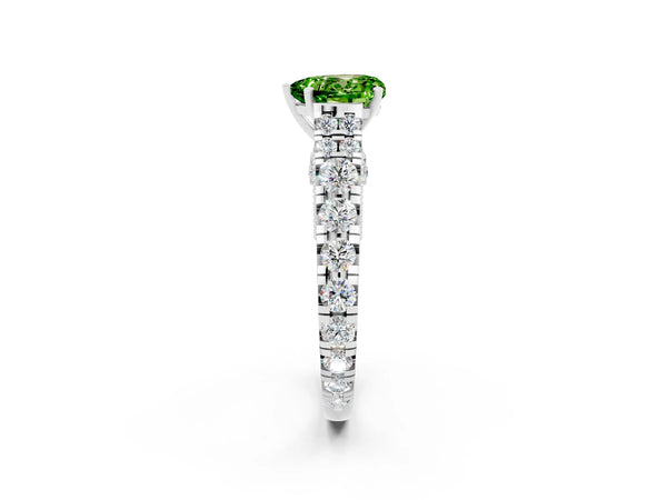 Silver Heart Cut Peridot Classic Solitaire Ring with Pavé Band and Four-Prong Setting