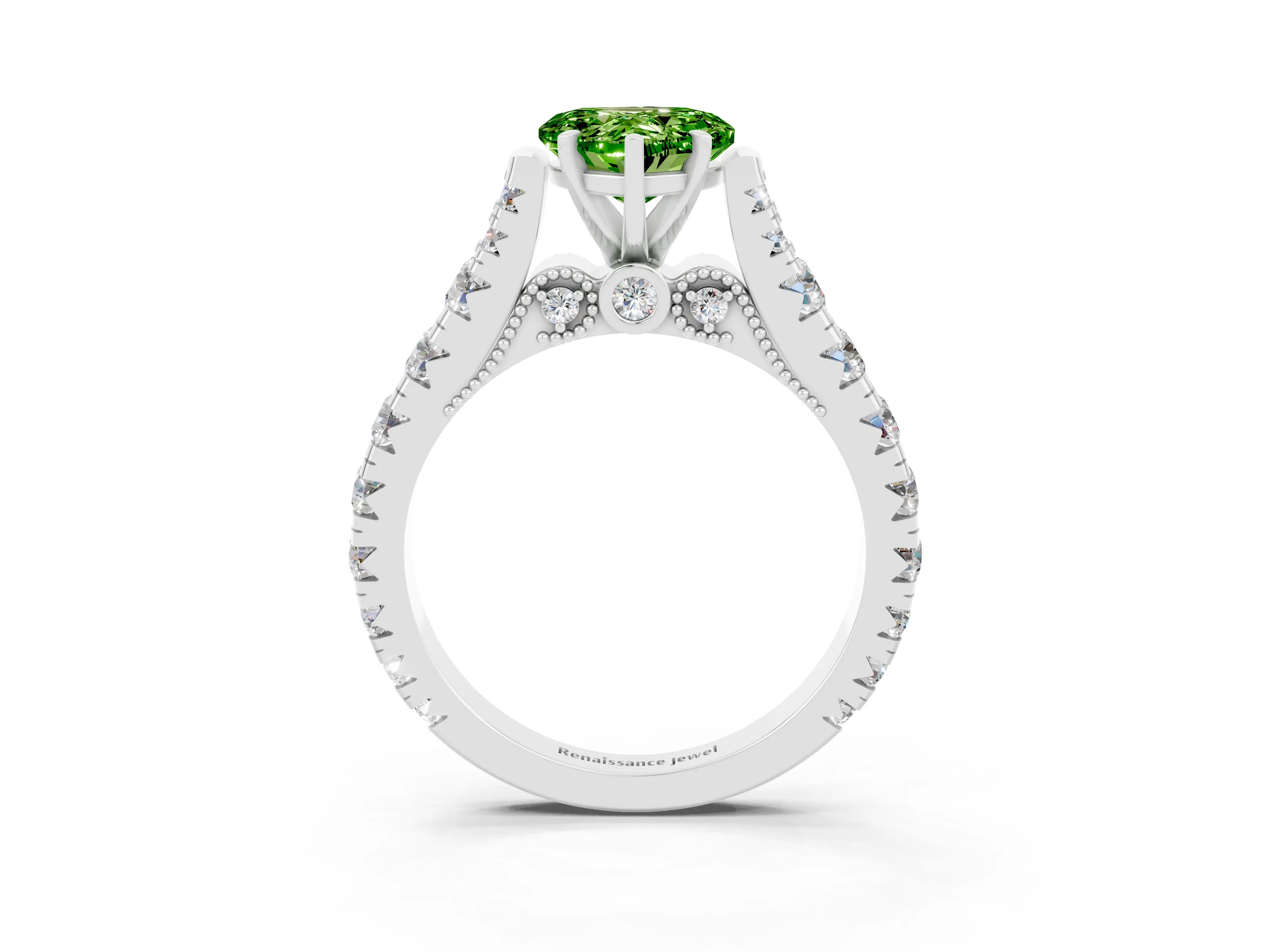 White gold Heart Cut Peridot Classic Solitaire Ring with Pavé Band and Four-Prong Setting_3