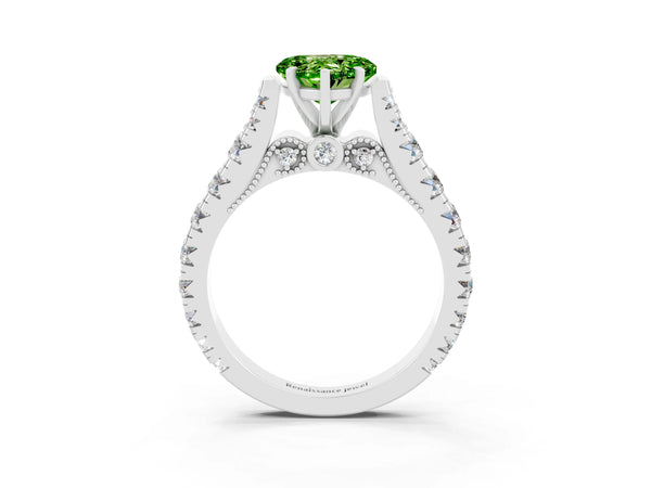 Silver Heart Cut Peridot Classic Solitaire Ring with Pavé Band and Four-Prong Setting