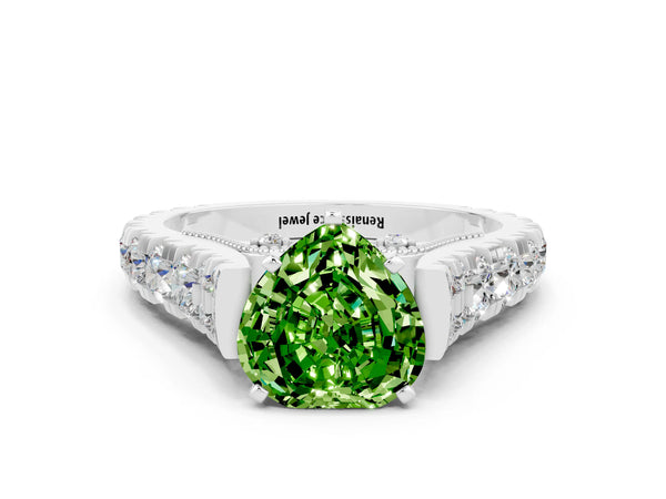 Silver Heart Cut Peridot Classic Solitaire Ring with Pavé Band and Four-Prong Setting