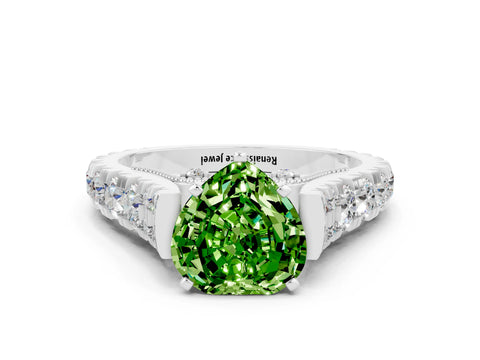 White gold Heart Cut Peridot Classic Solitaire Ring with Pavé Band and Four-Prong Setting