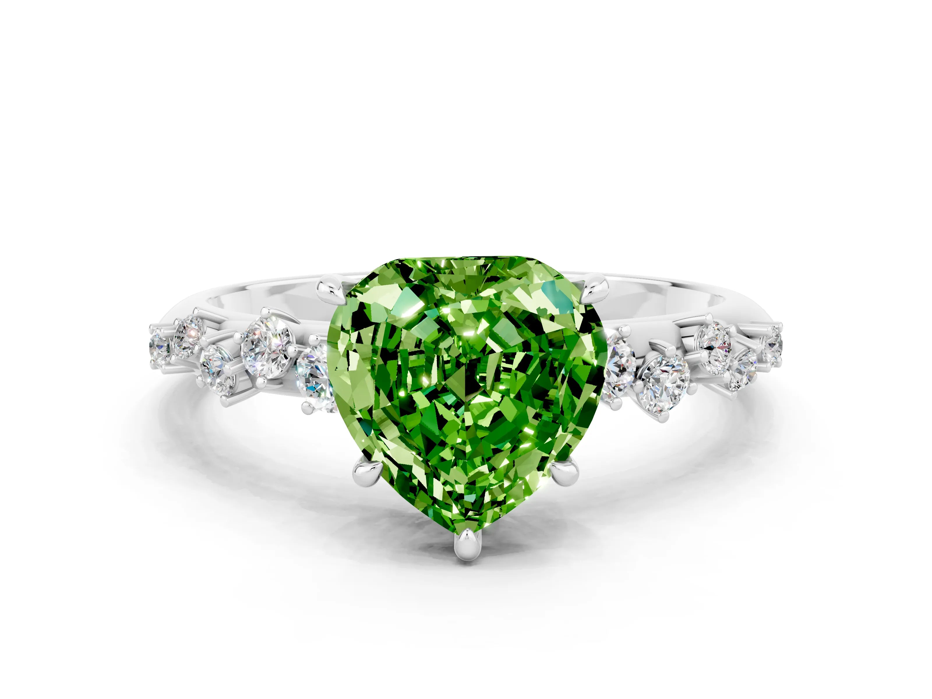 White gold Heart Cut Peridot Cluster Side Stone Solitaire Ring with Prong Setting_24