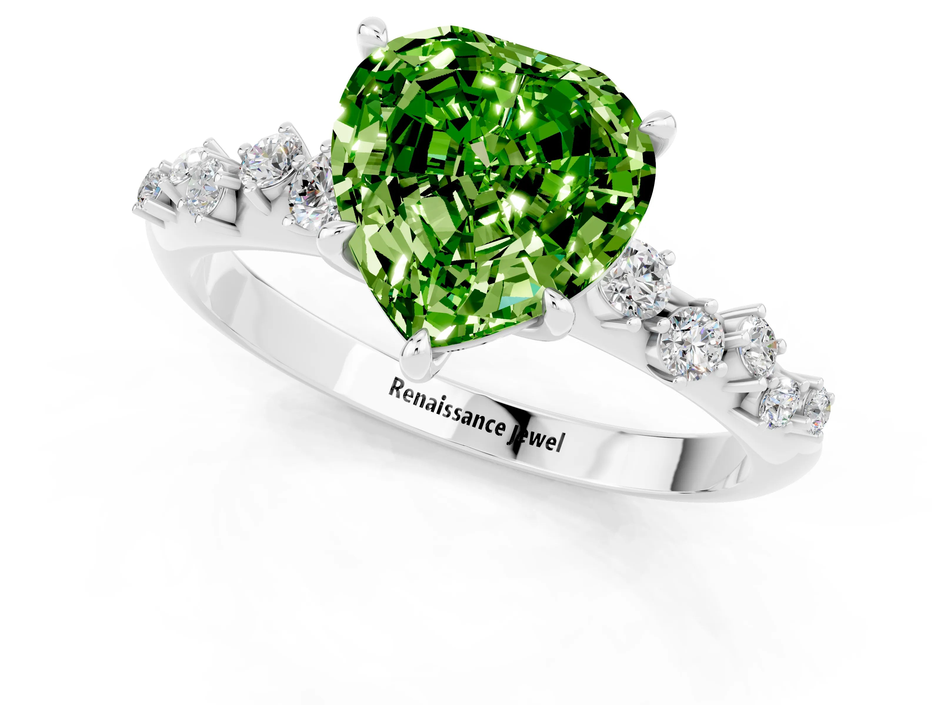 White gold Heart Cut Peridot Cluster Side Stone Solitaire Ring with Prong Setting_25